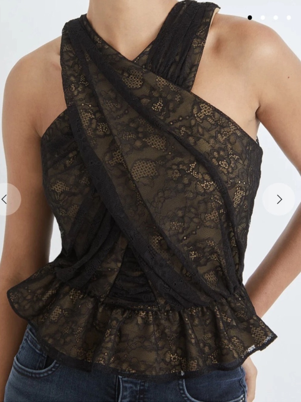 Veronica Beard Kailani Lace Halter Top Black Nude Lined Peplum Ruched Size 6